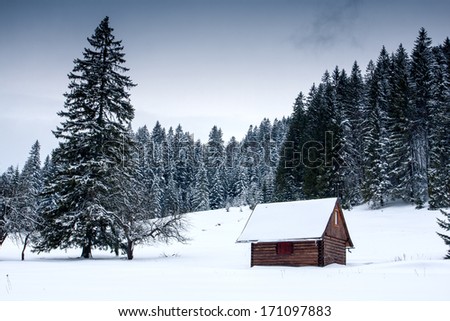 wooden house in winter forest forest