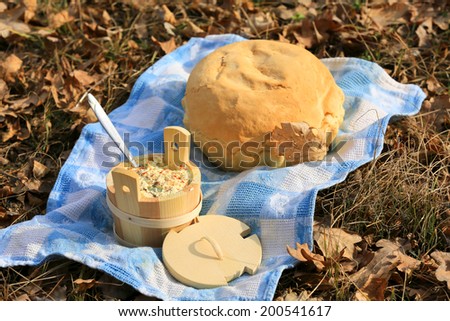 bread and wooden dish on blue cloth in forest