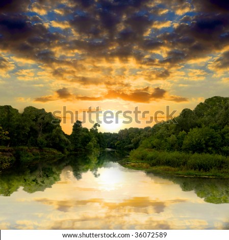 landscape with sunset on river