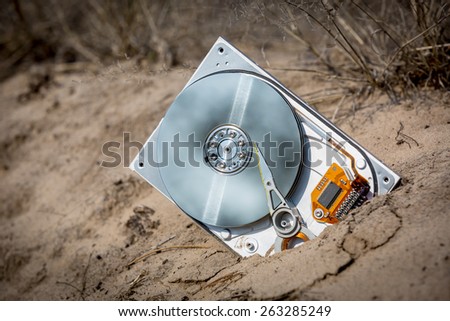 defective computer hard disk on sand in forest