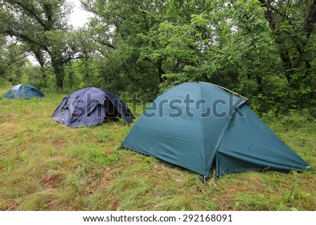 tourists tents in forest camp at rainy day