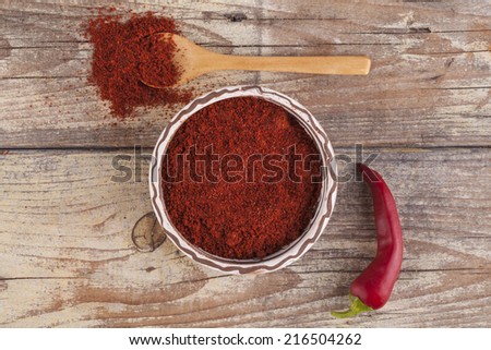 Red paprika in a ceramic bowl with brown wood spoon on old wood table with fresh chili pepper