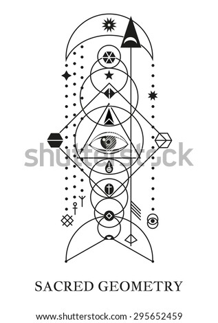Crop circles, space gate and magic symbols - tantric buddhism symbol.  Alchemy, religion, spirituality, occultism, tattoo art. Black and white.