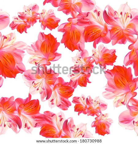 Seamless pattern of bright lilies (digital drawing) on white background