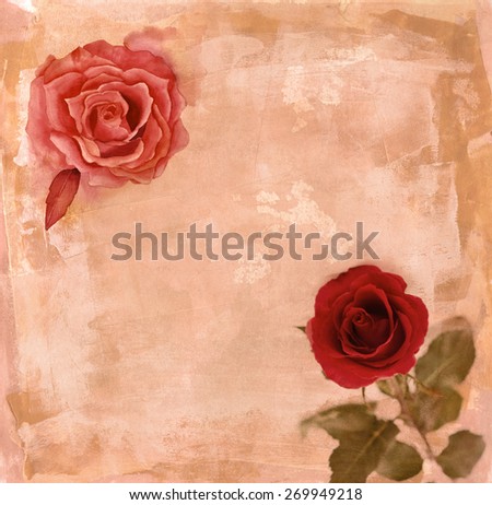 A vintage-styled watercolour drawing of a pink rose with a rose photo on textured brown paper, toned
