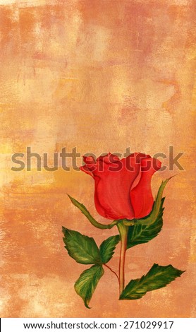 A vintage-styled watercolour drawing of a pink rose on a textured artistic background with a place for text