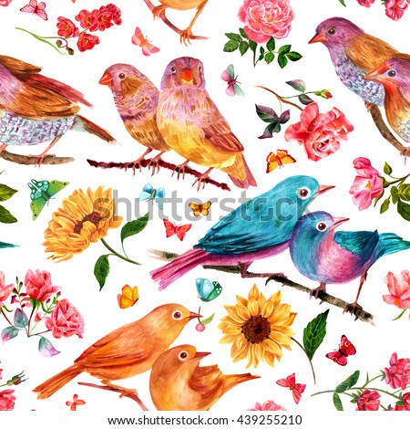 Seamless background pattern with vintage watercolor drawings of flowers (roses and sunflowers), birds and butterflies, on white; abstract wallpaper