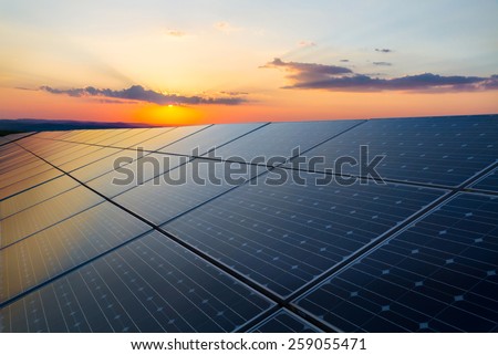 Sunset rays over a photovoltaic power plant