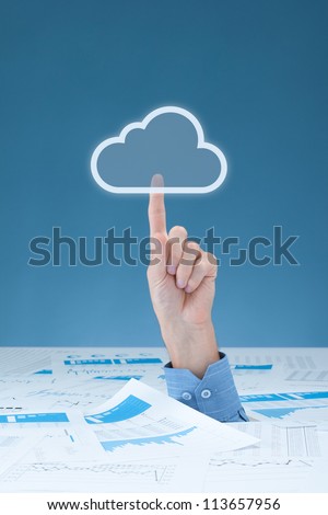 Drowning in paperwork and have lots of versions of one document? Cloud computing is solution. Administrative worker click on virtual cloud icon - rescue of paperwork and document versions.