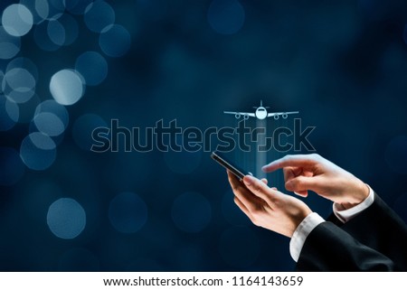 Air ticket booking on smartphone app or online travel insurance concepts. Person with smart phone and symbol of a plane.