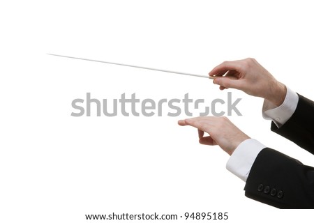 Male orchestra conductor hands, one with baton. White background.