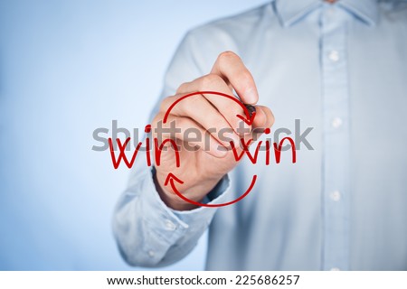 Win-win partnership strategy concept. Businessman draw win-win scheme.