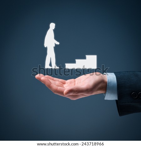 Personal development, personal and career growth, success, progress and potential concepts. Coach (human resources officer, supervisor) and help employee with his growth symbolized by stairs.