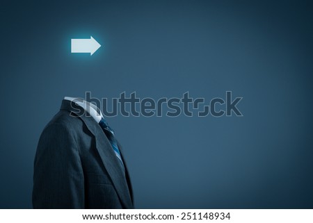 Future in business and business vision concept. Businessman with arrow instead of the head.