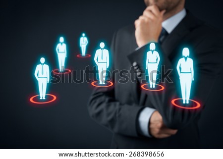 Target audience (marketing) concept. Businessman think about target audience and customers.