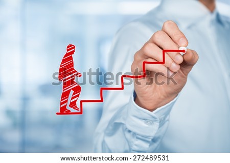Personal development, personal and career growth, success, progress and potential concepts. Coach (human resources officer, supervisor) help employee with his growth symbolized by stairs.