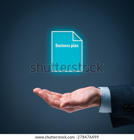 Businessman offer business plan. Businessman hold business plan represented by icon.