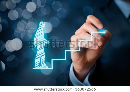 Personal development, career growth, success, progress and potential concepts. Coach (human resources officer, supervisor) help employee with his growth symbolized by stairs, bokeh background.