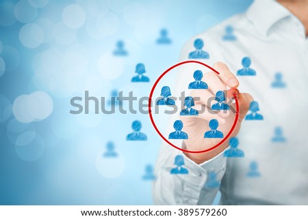 Marketing segmentation, target market, target audience, customers care, customer relationship management (CRM), human resources recruit and customer analysis concepts, bokeh in background.
