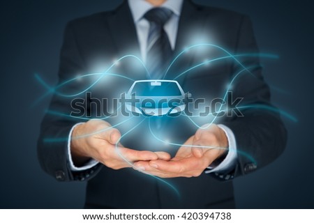 Car (automobile) insurance and car services concept. Businessman with offering gesture and icon of car.