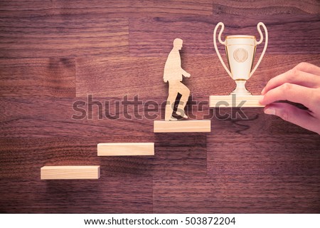 Personal development, personal and career growth, progress and potential concepts. Coach (human resources officer, manager, mentor) motivate employee to growth with cup.