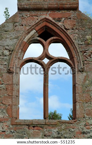 Arched window of church ruin, Scotland