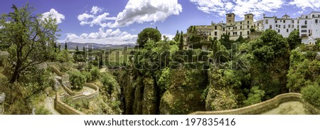 Ronda panoramic view. A Spanish city in Andalusia. Situated in a mountainous area about 750 m above mean sea level. The Guadalevín River runs through the city, dividing it in two and carving the steep