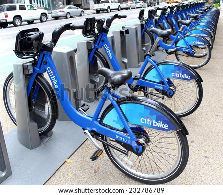 NEW YORK -  SEPTEMBER 02: Citi Bike docking station on September 02, 2013 in New York. Citi Bike is a privately owned for-profit public bicycle sharing system, for getting around New York City.