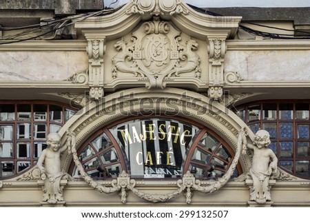 PORTO, PORTUGAL - JULY 04, 2015: The Majestic, historical coffee facade detail, first opened on December 17, 1921, itÂ´s located in Santa Catarina, On July 04, 2015 in Porto, Portugal.