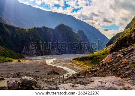 Fox glacier valley and stream in South Alps, South island of New Zealand