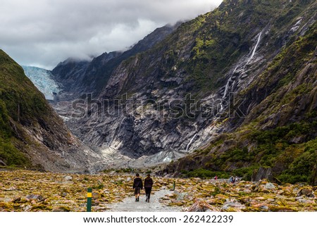 Hiking to the Franz Josef glacier in South Alps, South island of New Zealand