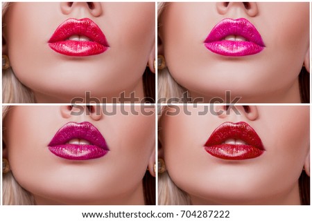 Collage of colorful lips with different shades of shiny lipstick close-up.