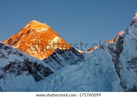 Last rays of sunlight on summit of Mt. Everest, Khumjung, Solu Khumbu, Nepal.