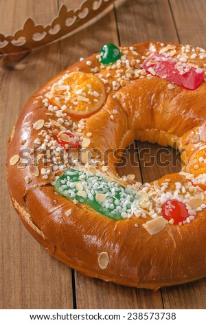 Roscon de reyes (Three kings cake). It is a traditional Spanish holiday dessert served the morning of \