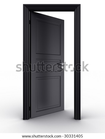 stock photo 3d rendering of a black open door standing on a white floor