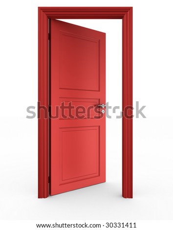 stock photo 3d rendering of a red open door standing on a white floor