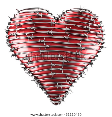 stock photo : 3D rendering of a heart with barbed wire around it