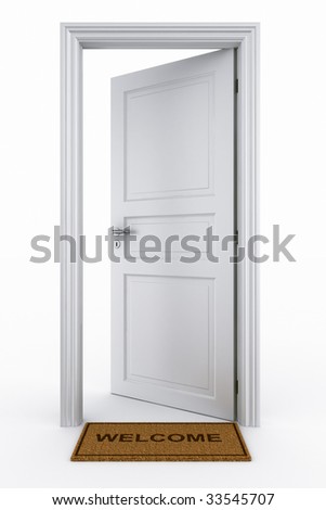 3d Rendering Of An Open Door With Welcome Mat Stock Photo ...

