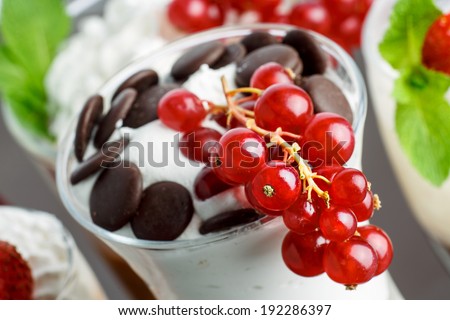 Parfait decorated with red currant. Delicious layered dessert. Sweet food.