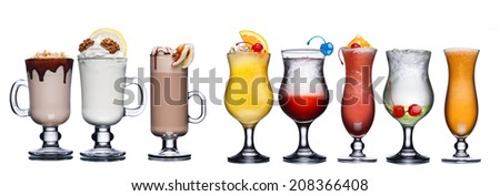 Large collection of summer refreshing cocktails in transparent glasses