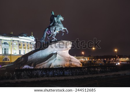 PETERSBURG, RUSSIA-JANUARY 1: Bronze Horseman-monument to Peter I on the Senate Square on January 1, 2015 in Petersburg, Russia. Its height 10.4 m. The opening of the monument took place in 1782.