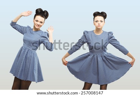 Knee length portraits of stylish baby doll-like dressed young woman. Set of different emotions