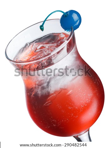 Alcoholic cocktail in hurricane glass decorated with blue cherry. Fresh, clean look.
