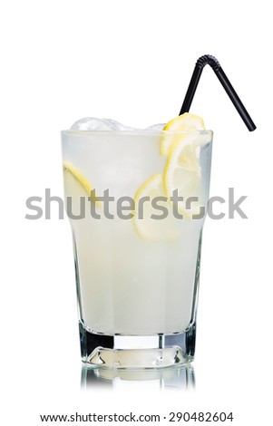Lemonade in highball with lemon slices and black straw