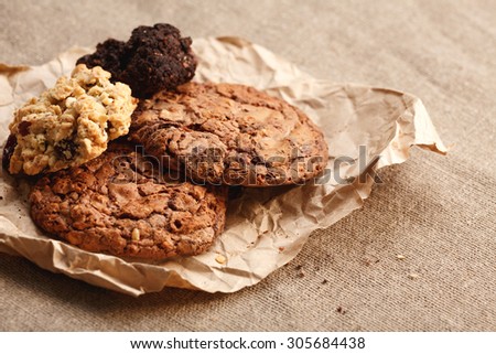 Homemade chocolate chip, oatmeal and muesli cookies. Sweet food