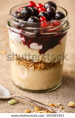 Parfait-style healthy layered breakfast with yogurt,bilberry jam,fresh currant berries,muesli or granola in clear glass on linen clothed table.
