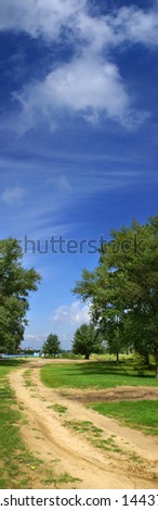 Vertical panorama with road, trees and beautiful blue sky