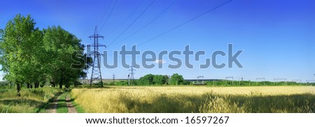 nice horizontal panorama with field of wheat, road, trees and railway with train