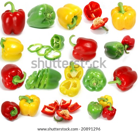 big set of bell peppers isolated on white background