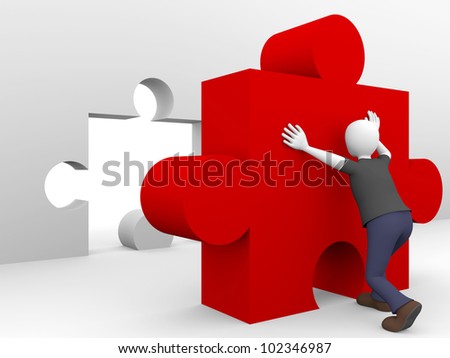 A man is pushing a puzzle piece with his arms. Concept of effort and hard work